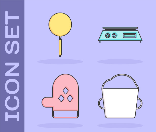 设置面包碗面团，煎锅，烤箱手套和电子秤图标。向量图片下载