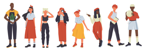 年轻人休闲多元化矢量插画，卡通扁女孩的人物形象在现代休闲装上孤立地站在一排白色图片下载