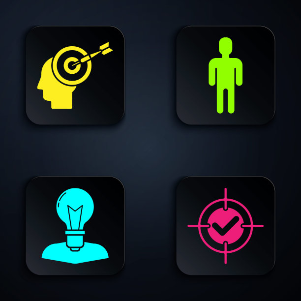 设定目标和检查标记，猎头概念，人头与灯泡和用户的西装男子。黑色方形按钮。向量图片下载