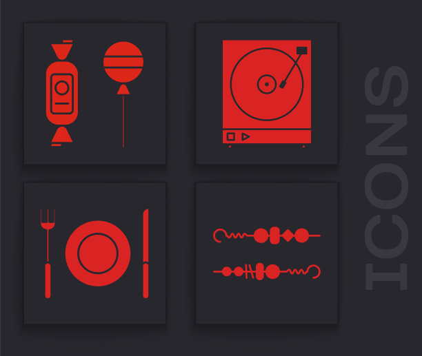 设置烤羊肉串，棒棒糖，乙烯播放器与乙烯唱片和盘子，叉和刀的图标。向量图片下载