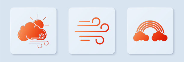 集风，多风的天气和彩虹与云。白色正方形按钮。向量图片下载