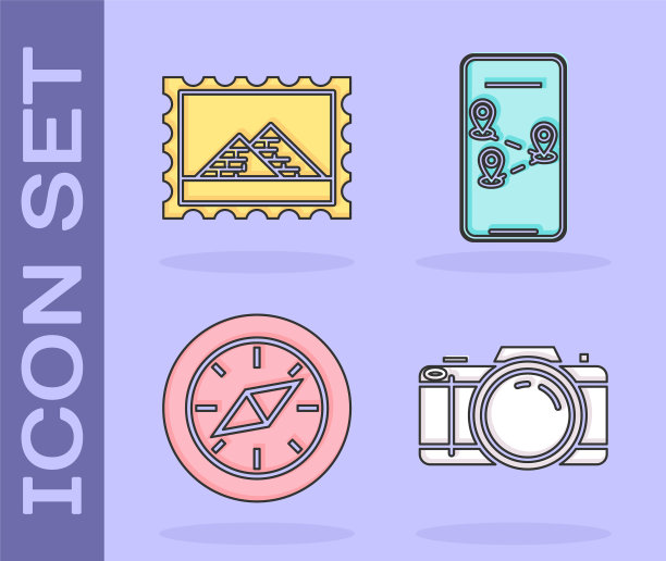 集摄影相机、邮票、埃及金字塔、指南针和城市地图导航图标信息图。向量图片下载