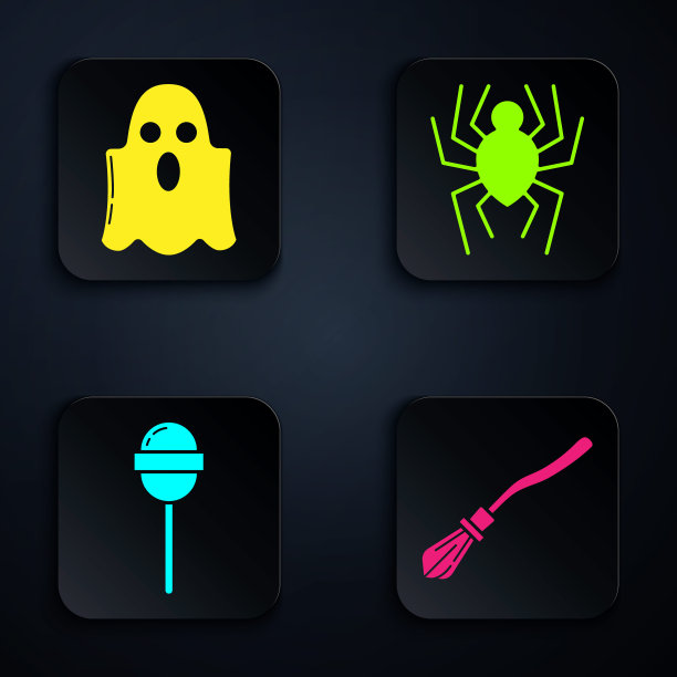 设置女巫扫帚，幽灵，棒棒糖和蜘蛛。黑色方形按钮。向量图片下载