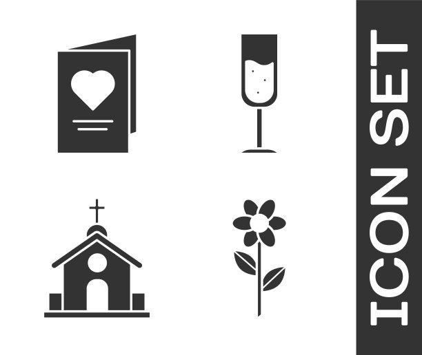 集花，情人节传单与心，教堂建筑和玻璃的香槟图标。向量图片下载