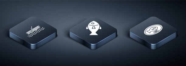 设置等距渔船与桨水上，鱼奖杯挂在板上和鱼图标。向量图片下载