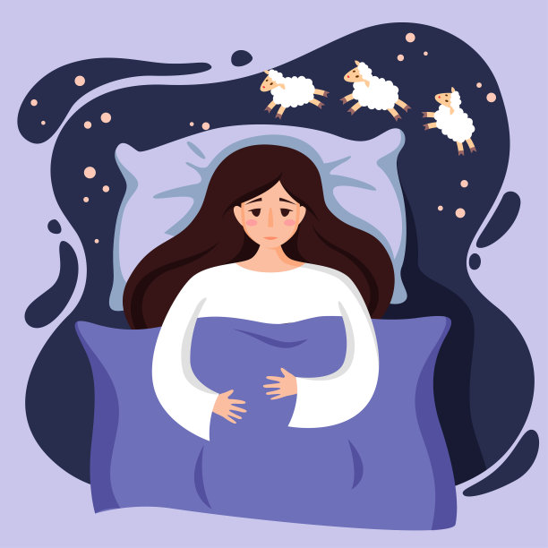 失眠。美丽的年轻女孩在床上睁着眼睛睡不着。女人数羊。矢量插图在平面风格图片下载