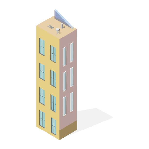 黄色多层建筑。带有阳台的住宅建筑。特大城市,等距。体系结构。网页设计图片下载