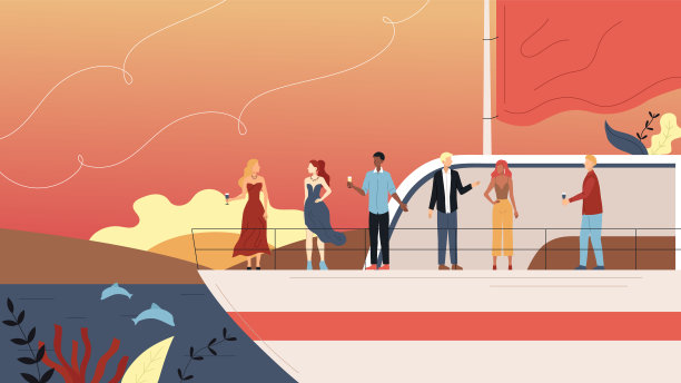 度假游轮概念。微笑的人们在游艇渡轮上聚会，喝酒。海上度假，海上旅游，与贵宾的友谊。卡通平的风格。矢量图图片下载