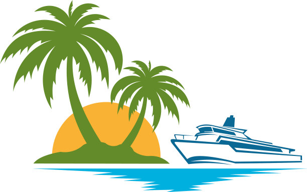 岛上的热带棕榈，有大海和帆船图片下载