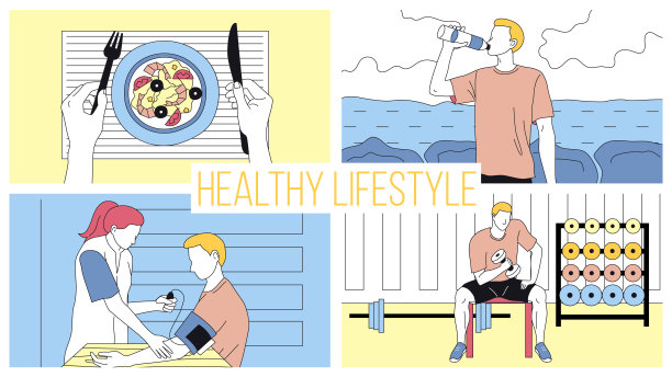 健康的生活方式和积极的运动。年轻人遵循饮食和健康，测量压力，在健身房用哑铃锻炼。卡通线性轮廓平面风格。矢量图图片下载