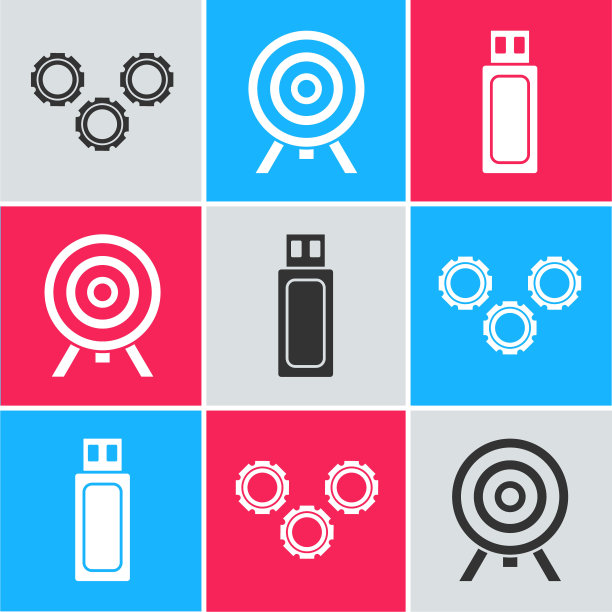 齿轮、目标和USB闪存驱动器图标矢量图图片下载