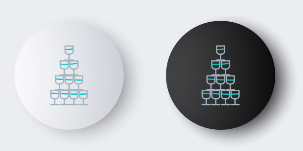 葡萄酒酒杯堆叠在一个金字塔塔图标孤立在灰色背景。葡萄酒杯的迹象。色彩斑斓的轮廓的概念。向量图片下载