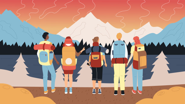 徒步旅行和露营概念。一群带着背包和专业远足装备的游客。男女主角站成一排，欣赏山川风光。平面矢量卡通插图素材图片