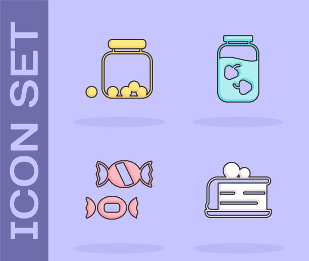 一块蛋糕，玻璃罐里有糖果，糖果和草莓酱的图标。向量图片下载