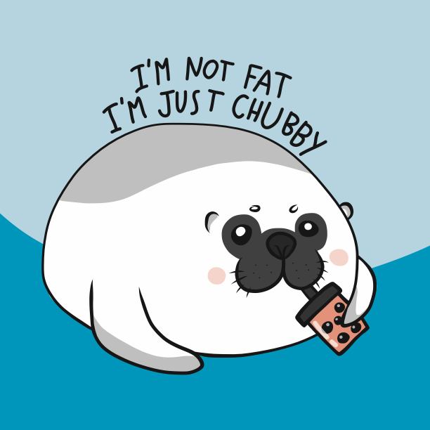 我不胖，我只是胖。胖海豹喝泡泡茶卡通矢量插图图片下载