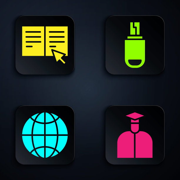 设置学生，在线书籍，社交网络和u盘。黑色方形按钮。向量图片下载