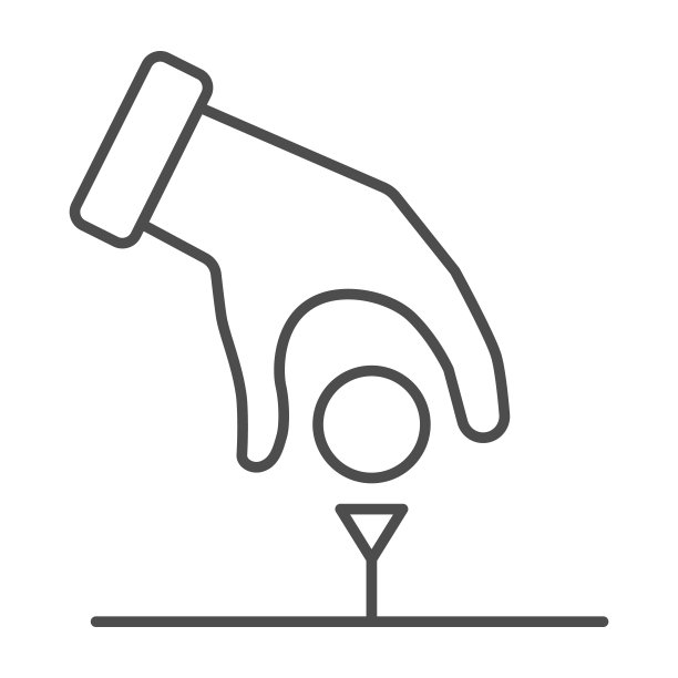 高尔夫球手手把球在tee细线图标，高尔夫概念，手与球的标志在白色的背景，手把高尔夫球图标在轮廓风格的移动概念和网页设计。矢量图形。图片下载