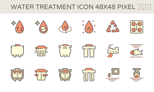 水处理和化粪池矢量图标集设计，48x48像素完美，笔画可编辑。图片下载