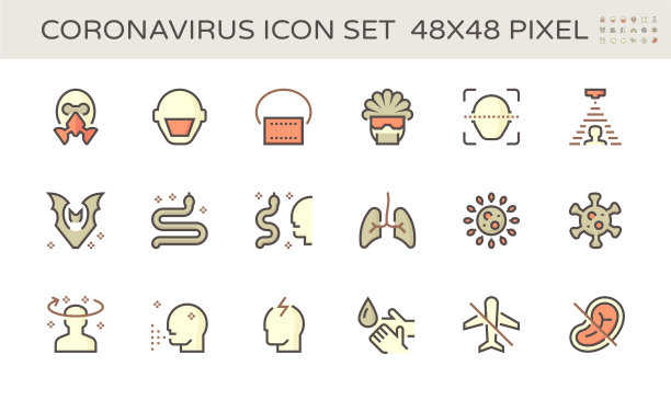 冠状病毒和病媒图标集设计，48X48像素完美，可编辑笔画。图片下载