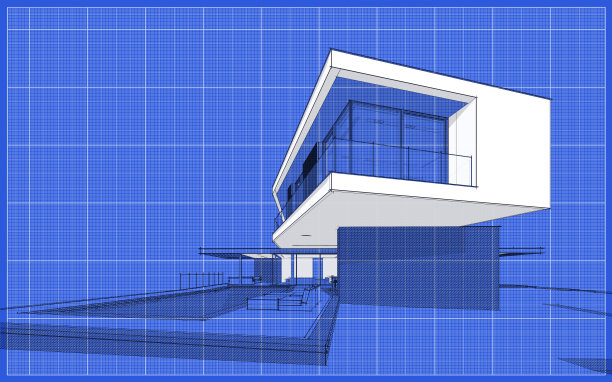 3d渲染的现代房子在山上与水池黑色线在蓝图的背景图片下载