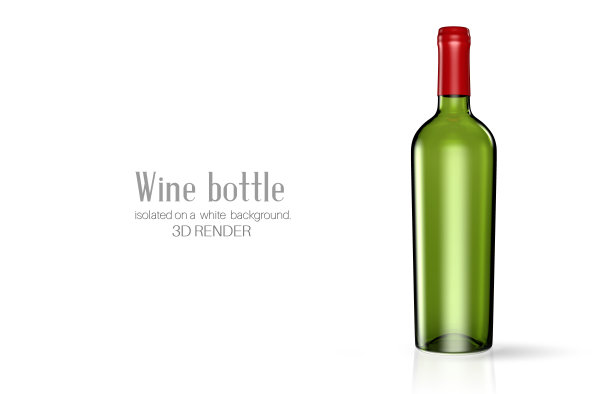 在白色背景上用绿色玻璃制成的一瓶葡萄酒。酒精的特写。软的目光。3 d渲染。模板设计，广告，品牌。图片下载