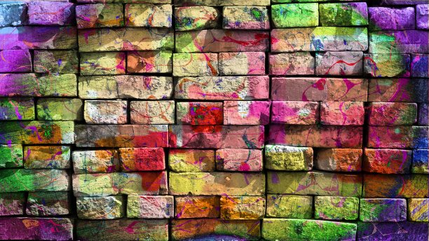 色彩斑斓的超现实的世界。虚拟涂鸦。抽象图像，画在砖墙的照片上。图片下载