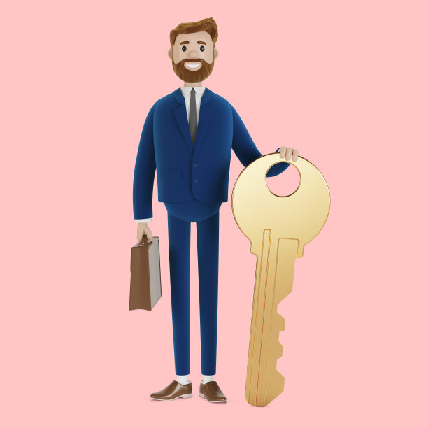 商人拿着一把金钥匙。3 d演示。图片下载