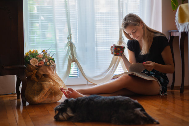 美丽的女人，一边看书，一边和她的狗在一起图片下载