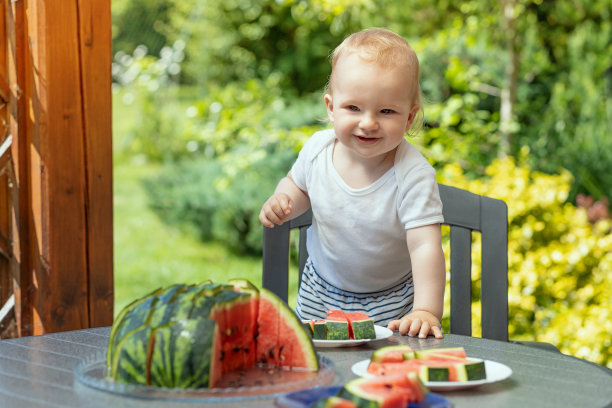 微笑的小男孩和西瓜摆姿势图片下载