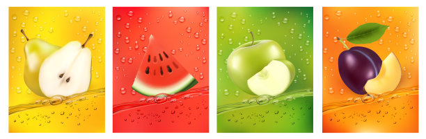 新鲜水果汁一起泼——梨、苹果、李子汁、西瓜汁一起泼喝。3d新鲜水果。矢量图图片下载