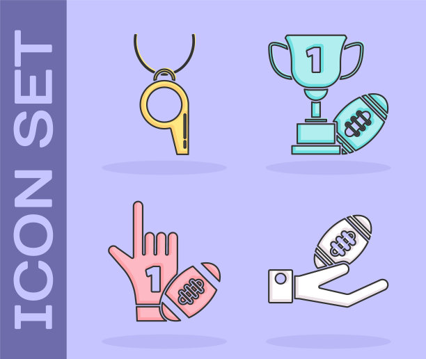 手持橄榄球、口哨、手套、奖杯和橄榄球图标图片下载