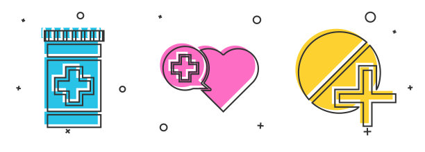 设置药瓶，心脏与十字架和药物药丸或平板图标。向量图片下载