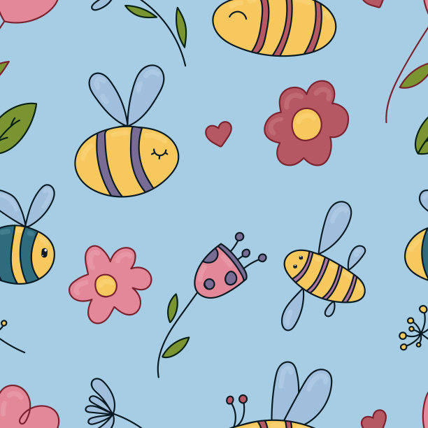 可爱的蜜蜂带着翅膀和花朵，蓝色背景上的心，矢量儿童图片，无缝模式图片下载