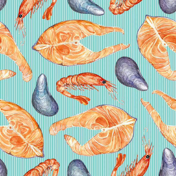 水彩无缝图案与海鲜，插图的鲑鱼，虾和贻贝图片下载