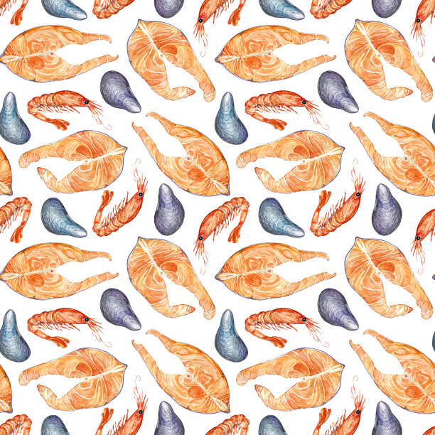 水彩无缝图案与海鲜，插图的鲑鱼，虾和贻贝图片下载