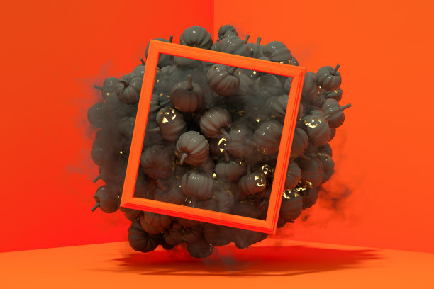 3D飞行的南瓜万圣节与幽灵的脸，杰克O'灯笼，烟和框架图片下载