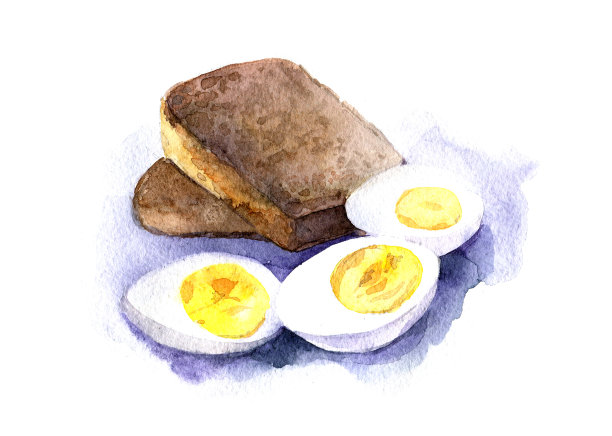 三个半熟的鸡蛋，蛋黄和两片黑面包。手绘水彩插图，孤立。图片下载