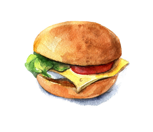 素食汉堡配芝士，番茄和生菜。水彩。图片下载