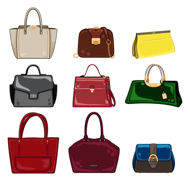 一套时尚的女性手袋-大手提袋，购物者，流浪汉，水桶，挎包和袋。皮包与提手隔离。配上不同的包。图片下载