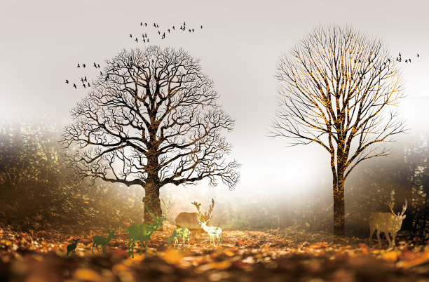 3d现代艺术壁画墙纸景观与深蓝色丛林，森林背景。金色的鹿，黑色的圣诞树，山，月亮和白色的鸟图片下载