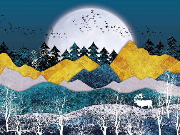 3d现代艺术壁画壁纸景观与深蓝色丛林，森林背景。金色的鹿，黑色的圣诞树，山上，月亮上有白色的鸟图片下载