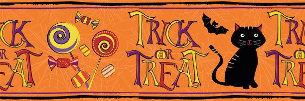 万圣节时髦向量无缝边界。旗帜黑猫，蝙蝠，糖果和trick或treat文字蜘蛛网纹理橙色背景。手绘卡通插图。用于彩带、派对产品图片下载