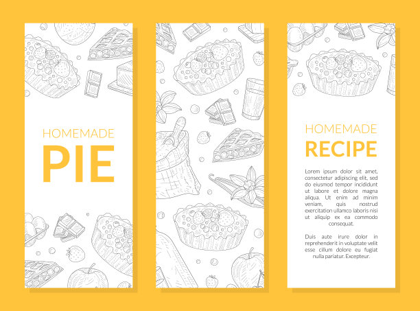 自制馅饼食谱旗帜模板集，卡片，海报，小册子，餐厅或咖啡馆菜单设计元素矢量插图图片下载