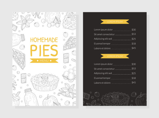 自制馅饼菜单模板，面包店和糕点店，餐厅和咖啡馆设计元素矢量插图图片下载