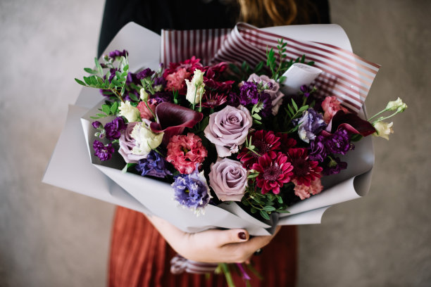 非常漂亮的年轻女子捧着一大束新鲜的康乃馨，郁金香，菊花，菊苣，浆果，棉花，桉树花在白色和红色的颜色图片下载