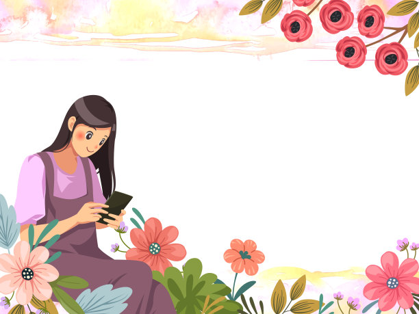 美丽的女人用手机与甜蜜的花框架图片下载