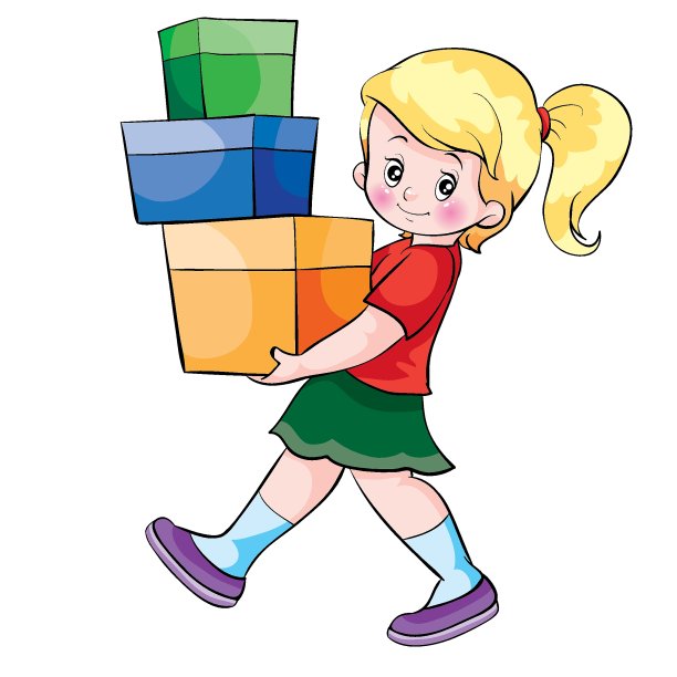 女孩带着很多盒子，里面有礼物，卡通插图，圣诞树上的孤立物体，矢量插图，图片下载