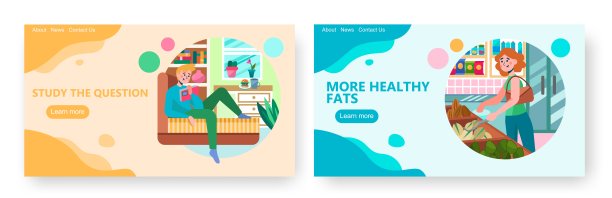 一个男人躺在沙发上看书。一个女人在市场上买坚果。概念说明。矢量网站设计模板图片下载