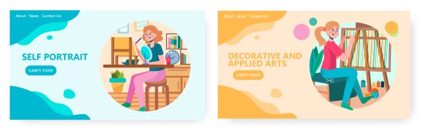 在画架上作画的女艺术家。女孩编织手工地毯，传统纺织品。艺术工作室概念插图。矢量网站设计模板。登陆页网站插图图片下载