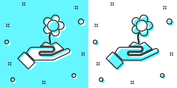 手握花的图标孤立在绿色和白色的背景上。种子和幼苗。种植树苗。生态学的概念。随机动态形状。矢量图图片下载